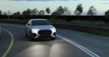 Gece vakti, seyahat ve ulaşım konsepti için 3D SUV veya seyir aracının 3D çizimi.