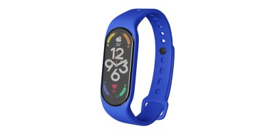 Beyaz arkaplanda 3 boyutlu akıllı bant, fitness saati, spor bilekliği ya da fitness aktivite izleyicisi görüntüleyicisi var..