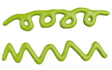 Üç boyutlu izole edilmiş wasabi girdabı ve çizgi sıçraması veya beyaz üst görünüm arka planındaki lekeler