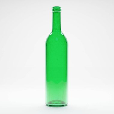 Üç boyutlu boş yeşil şarap şişesi izole edilmiş stüdyo beyaz arka planda.