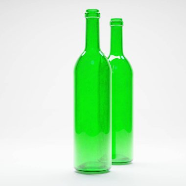 Üç boyutlu boş yeşil şarap şişesi izole edilmiş stüdyo beyaz arka planda.