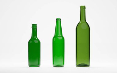 Sanayi veya geri dönüşüm konsepti için 3D boş şarap birası veya likör şişesi hazırlama