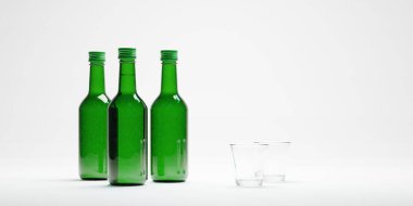 İzole edilmiş 3D Stüdyo Kore soju şişesi alkollü içecek. 