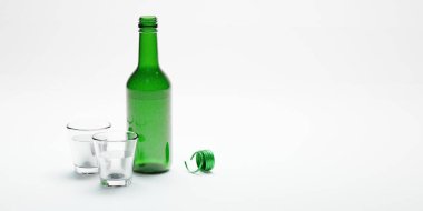 Üç boyutlu tecrit edilmiş Kore soju şişesi ve bardak alkollü içecek. 