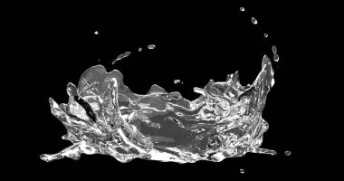 İzole edilmiş siyah arkaplanda 3D berrak su serpintisi veya akışı