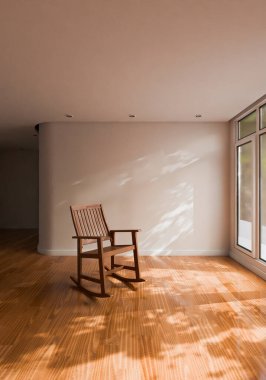 3 boyutlu boş ev ya da oturma odası. Güneş ışığı gölgesi olan sallanan bir sandalye.