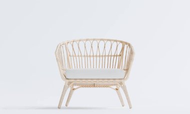 Üç boyutlu izole edilmiş rattan çerçeve sandalye ve beyaz arka planda yastık terası mobilyası