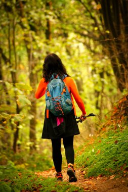 Orta yaşlı bir kadın, sonbaharın zengin renkleriyle çevrili dolambaçlı bir orman yolunda ilerliyor. Dayanıklı sırt çantası ve yürüyüş direkleri maceraya karşı derin bir tutkuyu ve güzelliği keşfetmek için daimi bir ruhu yansıtıyor.                     