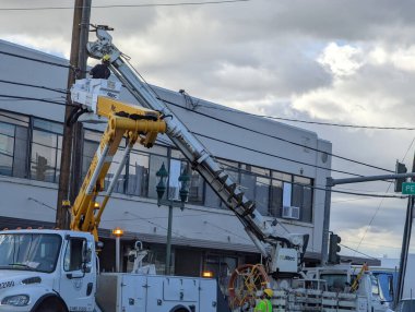Honolulu - 1 Mart 2022: Kendini işine adamış işçiler, Kuzey King Caddesi 'nde hayati önem taşıyan bir elektrik direğini onarmak için yeteneklerini kullanıyorlar..