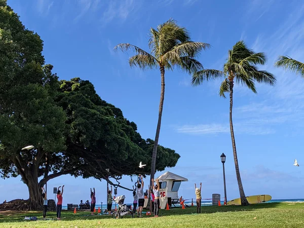 Waikiki Şubat 2021 Nsanlar Yoga Dersinde Okyanus Boyunca Gerilmek Için — Stok fotoğraf