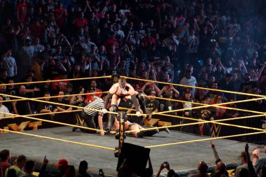 San Jose, California - 27 Mart 2015: NXT erkek güreşçi Şeytan Finn Balor, San Jose Event Center 'daki maçı kazandıktan sonra kalabalığın tezahüratıyla iplere tırmanıyor.