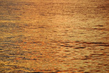 Su Altında Gün Batımı: Gün batımında bir su kütlesinin gerçekçi bir fotoğrafı. Su, yüzeyinde dalgalanmalar olan altın turuncu bir renktir. Görüntü belli bir mesafeden alınır, böylece su ufka doğru uzanıyor gibi görünür. Gökyüzü hayır.