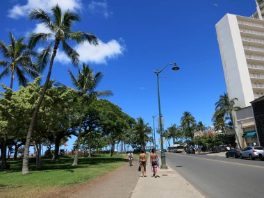 Waikiki - 7 Haziran 2015 Waikiki, Hawaii 'de güneşli bir gün, bir sokak palmiye ağaçları ve diğer tropik ağaçlarla dolu. Caddenin sağ tarafında bir sokak lambası ve uzun beyaz bir bina var. Kaldırımda ve arabalarda yürüyen birkaç kişi var.