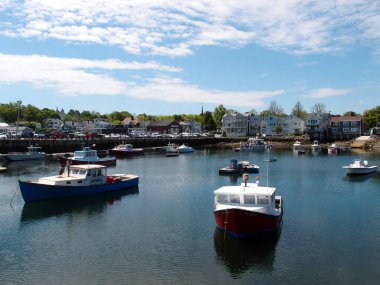 Rockport 'ta sakin bir liman, açık mavi bir gökyüzünün altında doğal ışıkla yıkanmış. Tekneler durgun sularda usulca sallanıyor, yansımaları huzurlu çevreyi yansıtıyor. Ön plandaki kırmızı ve mavi tekneler dingin baya bir renk katıyor.