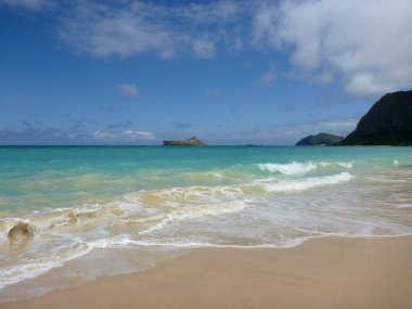 Saf kumlu Waimanalo plajı. Mavi gökyüzünün altında berrak su var. Kibar dalgalar Oahu, Hawaii kıyılarına yaklaşıyor..