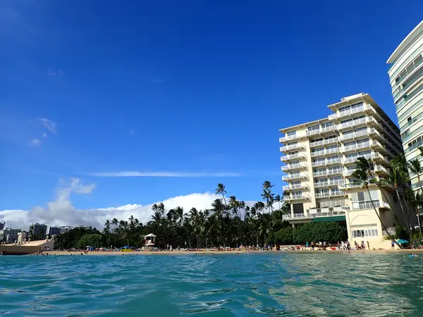 Waikiki - 11 Ağustos 2018: Turistler, bereketli palmiyeler ve açık mavi gökyüzüne karşı yükselen tatil beldeleri ile sakin bir Kaimana sahnesi.