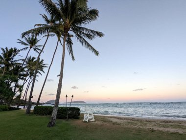 Güneş huzurlu bir okyanus ufkunun üzerinde batarken palmiye ağaçları sakin bir Kahala plajına dizilir..