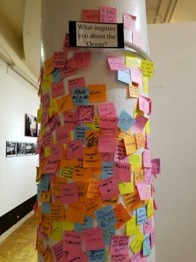 Honolulu - 3 Şubat 2017: Bir sanat galerisinde sergilenen okyanus ilhamları hakkındaki soruya içten gelen cevapları içeren canlı yapışkan notlarla kaplı bir köşe yazısı.