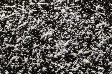 Hoarfrost and frost on the ice surface. On the icy surface of the river, large crystals of hoarfrost and frost formed.