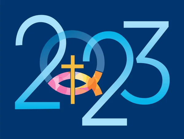 イエス様の魚のシンボル 青い背景に十字架とイエス様の魚のシンボルと2023年の新年 ベクトル利用可能 — ストックベクタ