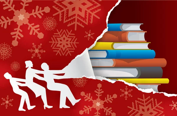 Família Rasgando Papel Embrulho Natal Descobrindo Livros Silhueta Família Papel — Vetor de Stock