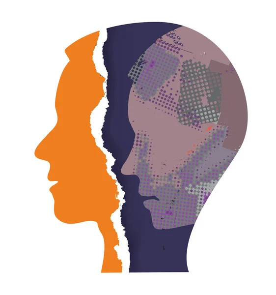 Schizophrenia Depression Male Head Silhouettes Torn Paper Illustration Stylized Male — Image vectorielle
