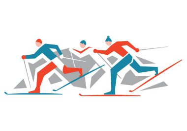 Cross Country Skiers.A stylized drawing of three cross-country ski competitors. Isolated on white background. Vector available.