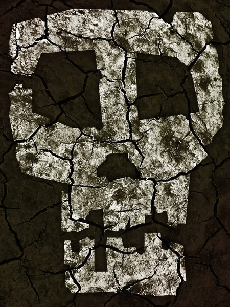 Distressed dry cracked earth with symbol of skull. Photo-montage with Dry cracked black earth and stylized human skull.