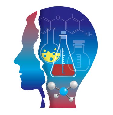 Student of Chemistry,biochemistry, torn paper silhouette.Male head stylized silhouette with Chemistry symbols and formulas. Isolated on white background. Vector available.
