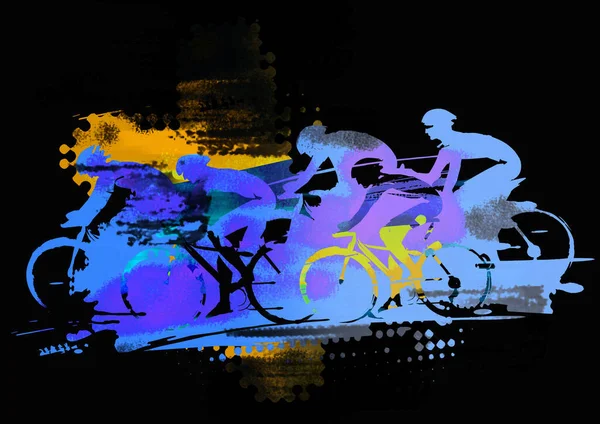 Велоспорт Гонки Mtb Велосипеди Експресивний Стилізований Малюнок Групи Велосипедистів Повній — стокове фото