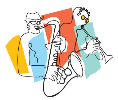 Jazz theme, trumpet player and saxophonist, line artstylized.Expressive Illustration of two jazz musicians, continuous line drawing design. Isolated on white background. Vector available. clipart