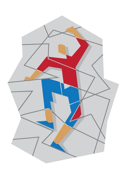 Bergbeklimmer Een Rotsmuur Geometrische Gestileerde Illustratie Van Klimmer Geïsoleerd Witte — Stockvector