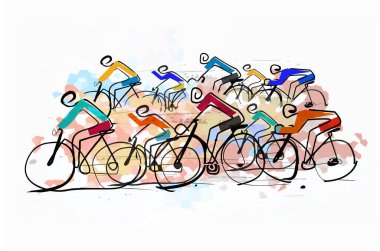 Bisiklet yarışı, peloton, çizgi sanatı. Bir grup bisikletçinin yoldaki görüntüsü. Suluboya resmin taklidi.