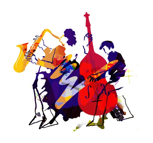 Jazztema Contrabass Musiker Och Saxofonist Expressive Illustration Två Jazzmusiker Grunge — Stockfoto