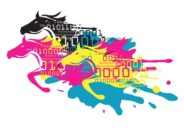 Быстрая Цветная Печать Данные Печати Иллюстрация Бегущих Лошадей Цветовом Режиме — стоковый вектор