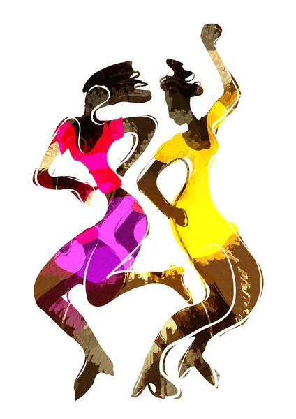 Disco Tancerka Atrakcyjne Czarne Dziewczyny Wyraźna Kolorowa Ilustracja Dwóch Tańczących — Zdjęcie stockowe