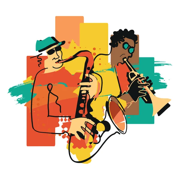 Tema Jazz Trompetista Saxofonista Expresiva Ilustración Colorida Dos Músicos Jazz — Vector de stock