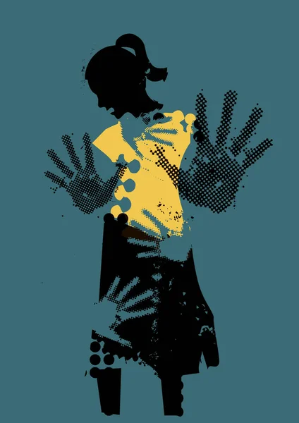 女性の恐怖 性的暴力の犠牲者 Grungeは防御位置に腕と体に手のプリントで若い女性シルエットを様式化 青の背景 ベクトル利用可能 — ストックベクタ