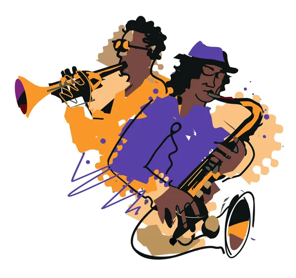 Dos Jazzmen Tema Jazz Trompetista Saxofonista Expresiva Ilustración Colorida Dos — Vector de stock