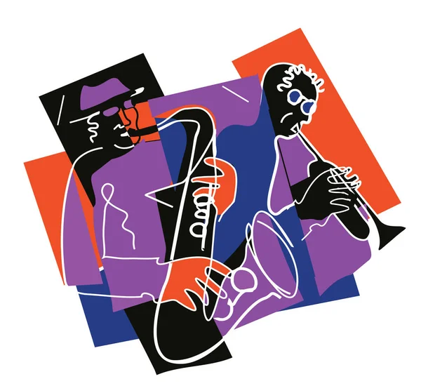 Dois Jazzmen Tema Jazz Trompetista Saxofonista Ilustração Expressiva Dois Músicos —  Vetores de Stock