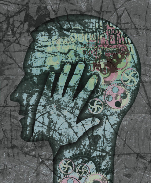 Burn out syndrome,Stress overworked man.Stylized male head silhouette holding his head. Illustration on black scratched wall grunge background.
