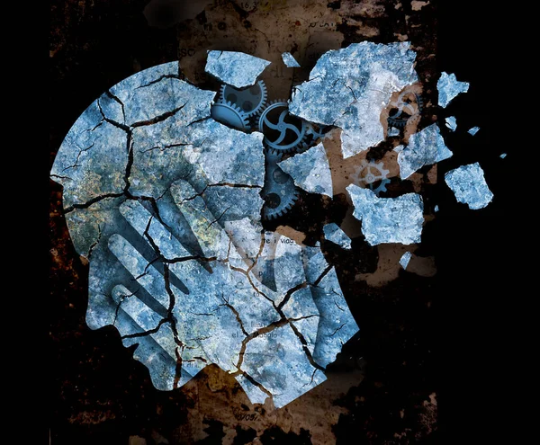 Mental illness Alzheimer disease, demention. Stylized male head silhouette with Dry cracked earth and gear, symbolizing psychiatric problems.