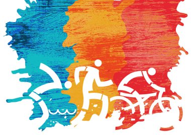 Triatlon Yarışçıları sembolleri, açık arkaplan. Grunge renkli arka planda üç triatlon ikonu. Web pankartı için kullanışlı.