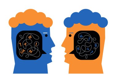 Diyalog kurma imkansızlığı, diğerleriyle empati kuramama, psikoloji kavramı. İçinde konuşma balonu olan stilize erkek kafaları tasviri. Beyaz arka planda izole edilmiş. Kullanılabilir vektör.