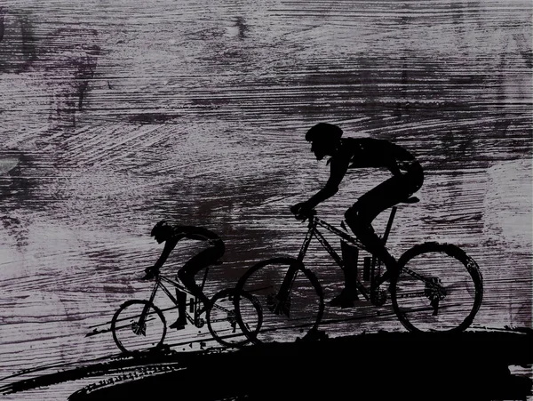 Ciclistas Montaña Pinceladas Ilustración Dos Ciclistas Sobre Fondo Grunge Expresivo —  Fotos de Stock