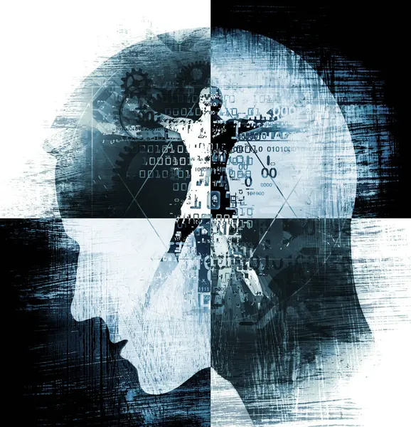 Vitruvian 남자와 기술과 과학에 미래의 파란색 그런지 배경에 바이너리 코드와 — 스톡 사진
