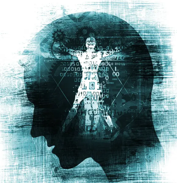Мужская Голова Витрувианским Человеком Футуристическая Концепция Технологии Науки Иллюстрация Стилизованной — стоковое фото