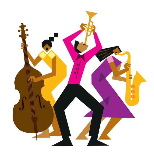 Джазовий Гурт Контрабас Саксофон Труба Плоский Дизайн Ілюстрація Двох Жінок — стоковий вектор