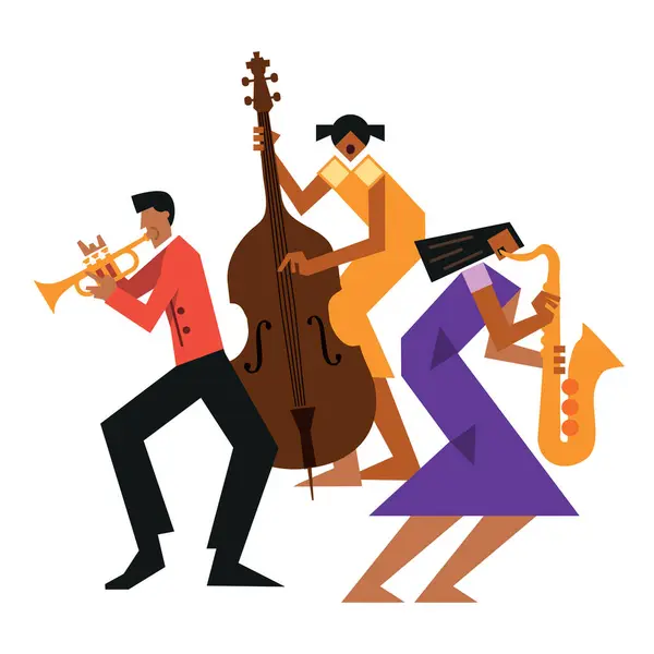 Jazz Band Dixieland Contrabass Saksofon Trąbka Funny Flat Design Ilustracja — Wektor stockowy