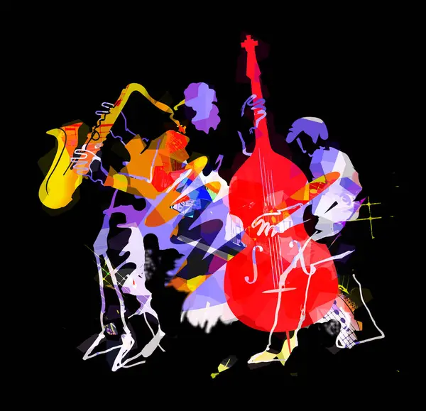 Expressieve Kleurrijke Illustratie Van Twee Jazzmuzikanten Grunge Achtergrond Met Muzieknoten — Stockfoto